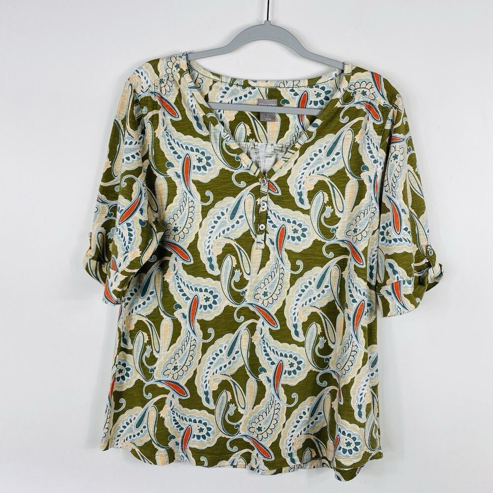 Chico's Top Large 2 12 Green Retro Paisley Henley Tee Short Sleeve Cotton Modal